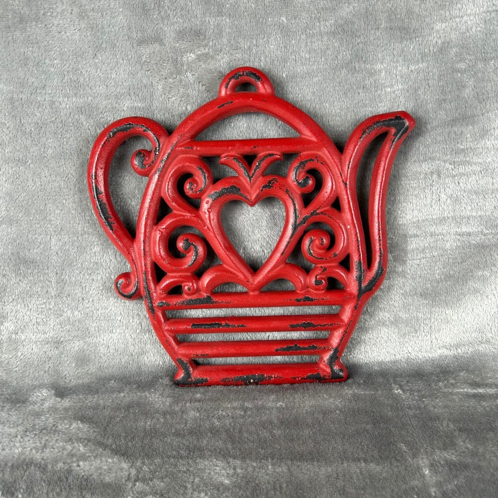 Red Cast Iron Teapot Trivet Heart Scroll Design Vintage Farmhouse Kitchen Decor